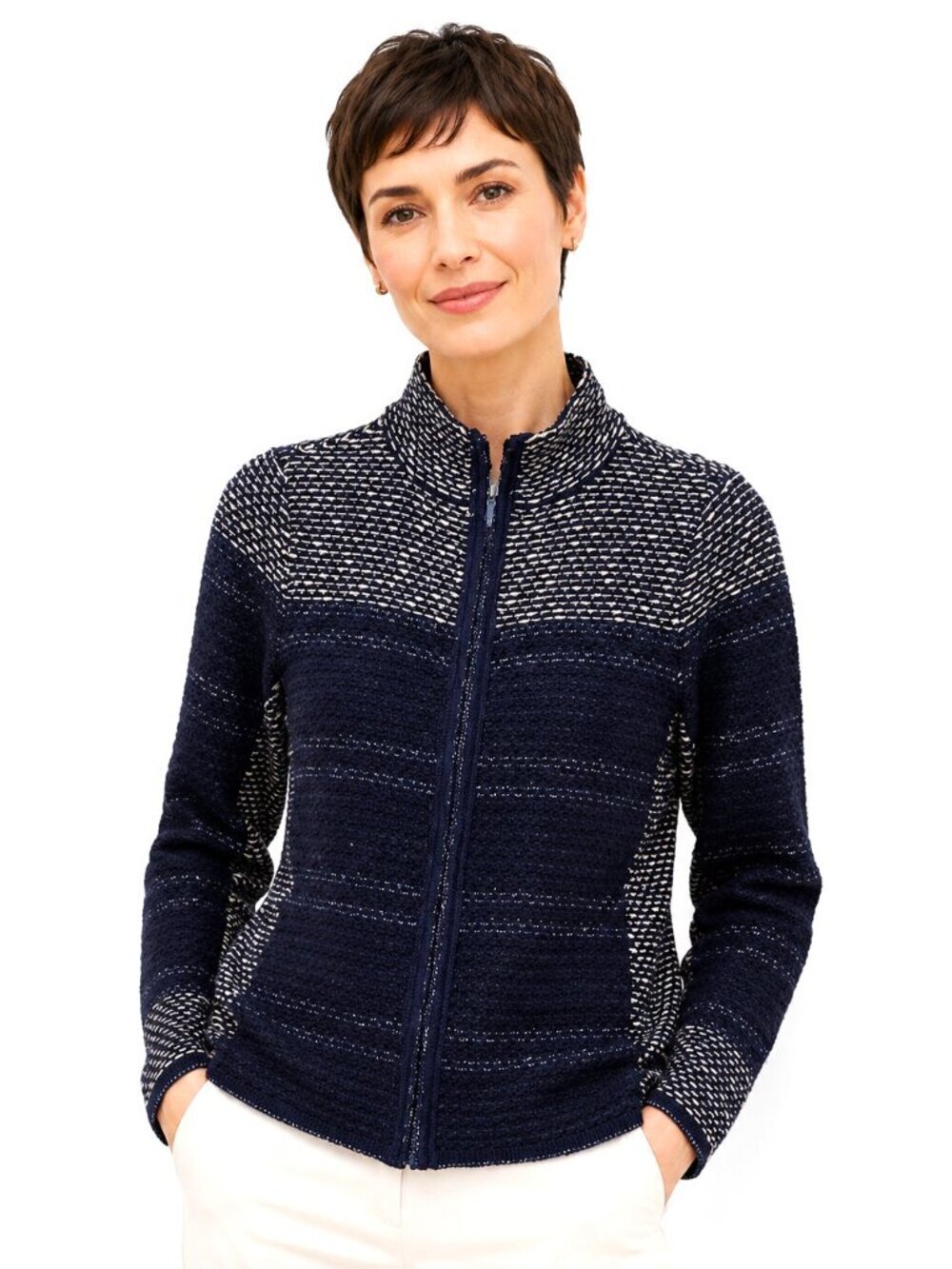 Chico's Black Silver Metallic Zip Front Cardigan